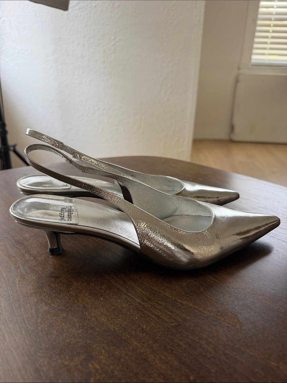 Jeffrey Campbell Metallic Silver Pointed Slingback Kitten Heels